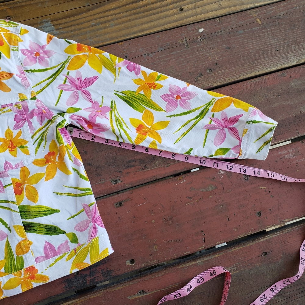 Vintage White Pink Orange Tropical Floral Jean Jacket Half Sleeves - Picture 11 of 14